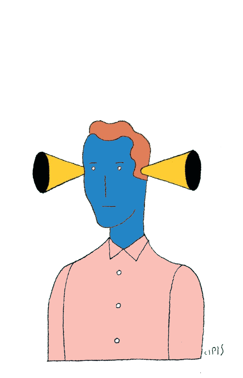 Ilustração de uma pessoa azul com grandes ouvidos amarelos, assinada Cipis